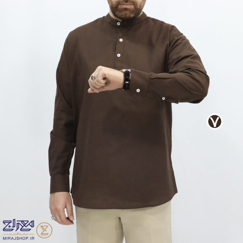 پیراهن مردانه پنبه لینن یقه ایستاده سه دکمه